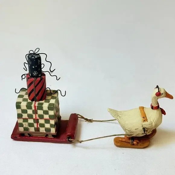 Blossom Bucket Betty Whimsical Anthropomorphic Goose Pulling Sleigh Of Gifts - Picture 4 of 9